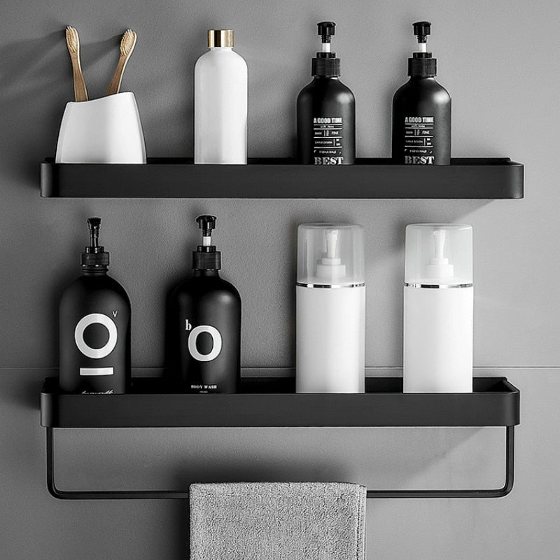 No-Drill Adhesive Wall Shower Shelf with Optional Towel Hook