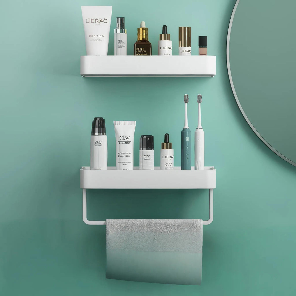 No-Drill Adhesive Wall Shower Shelf with Optional Towel Hook