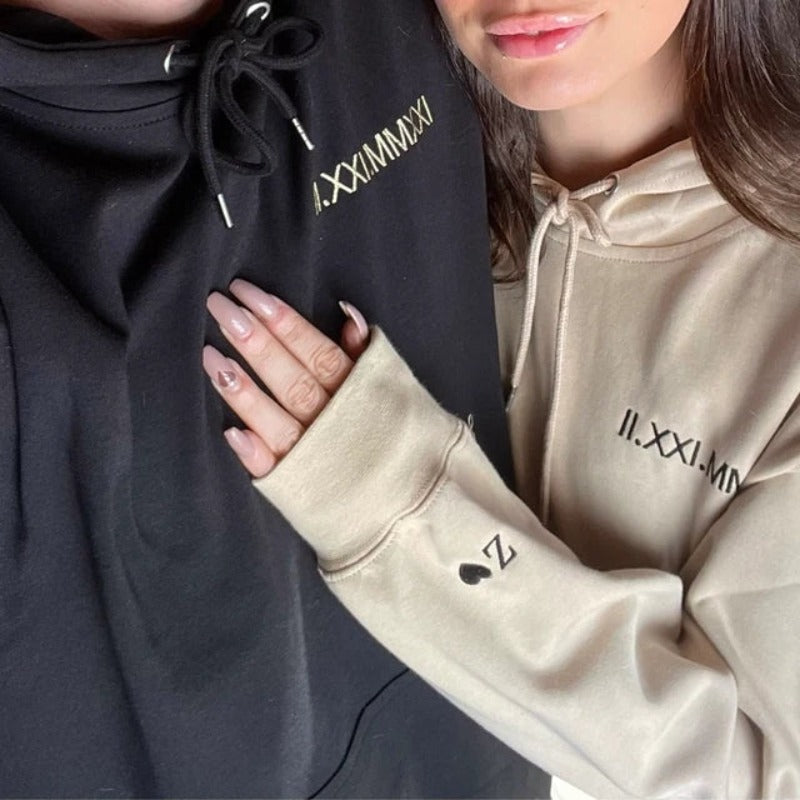 Personalised Matching Couples Hoodies with Roman Numeral Date