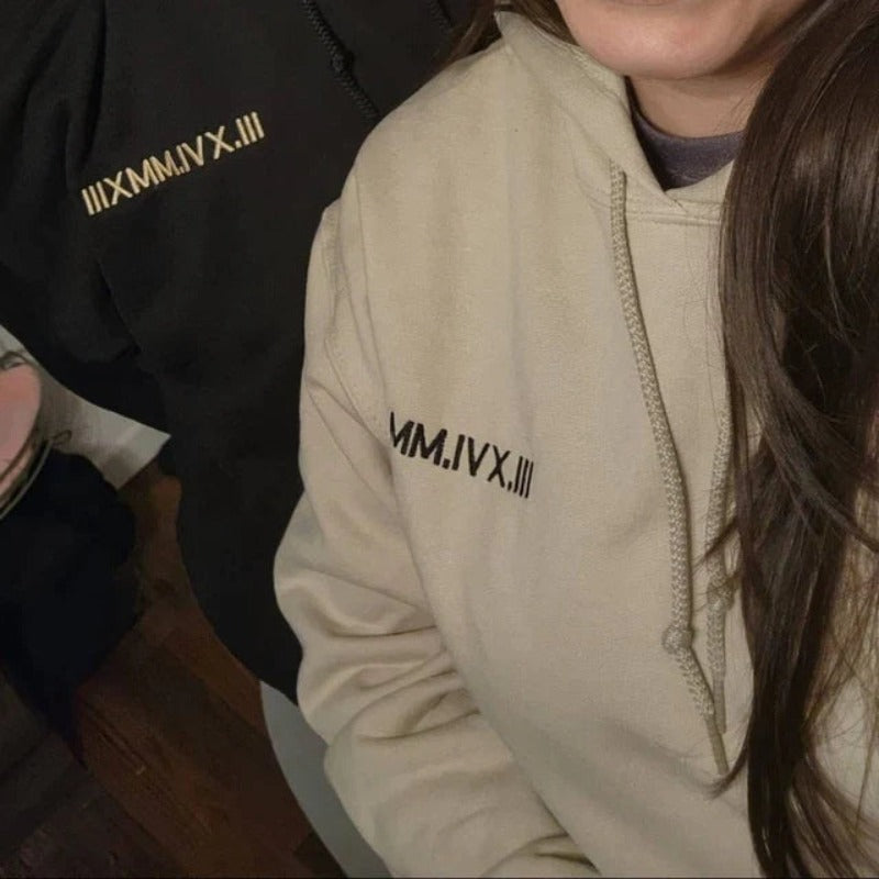 Personalised Matching Couples Hoodies with Roman Numeral Date