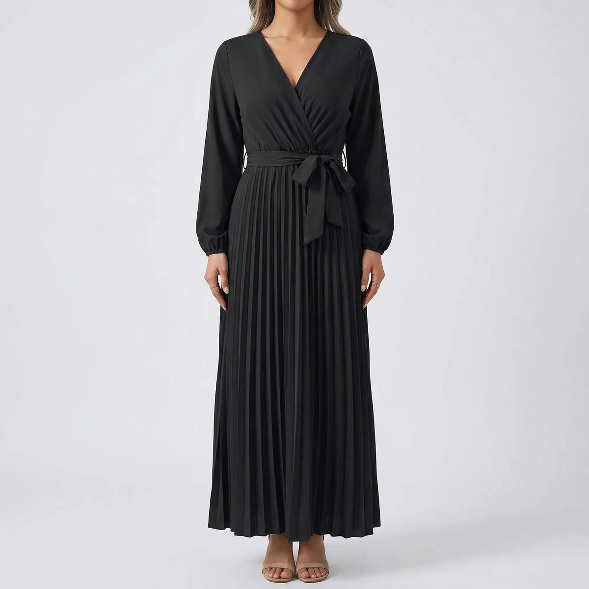 Pleated Maxi Dress with Lantern Sleeves