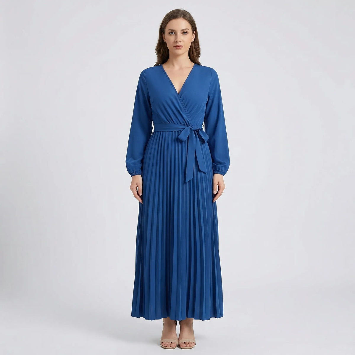 Pleated Maxi Dress with Lantern Sleeves