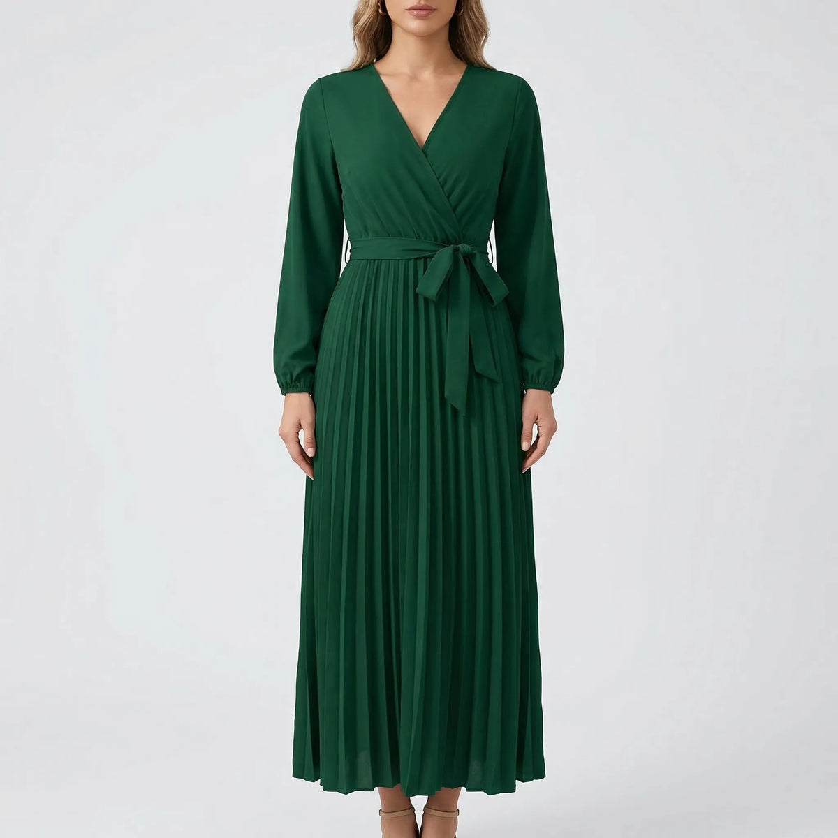 Pleated Maxi Dress with Lantern Sleeves