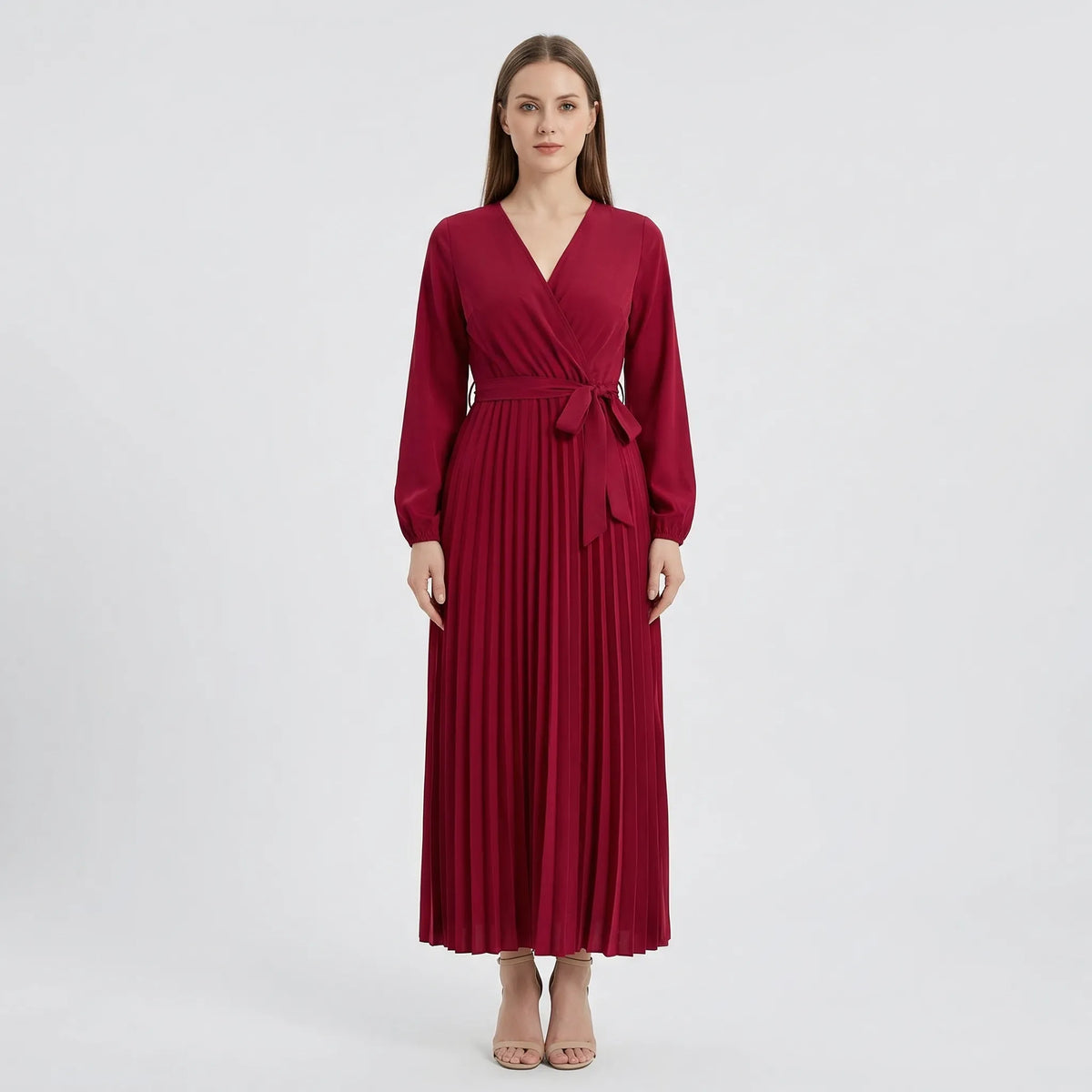 Pleated Maxi Dress with Lantern Sleeves