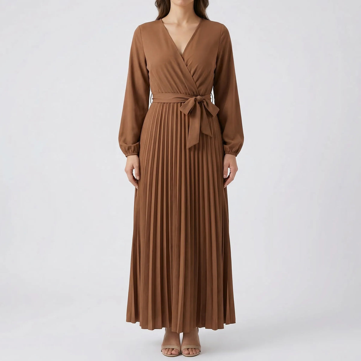 Pleated Maxi Dress with Lantern Sleeves