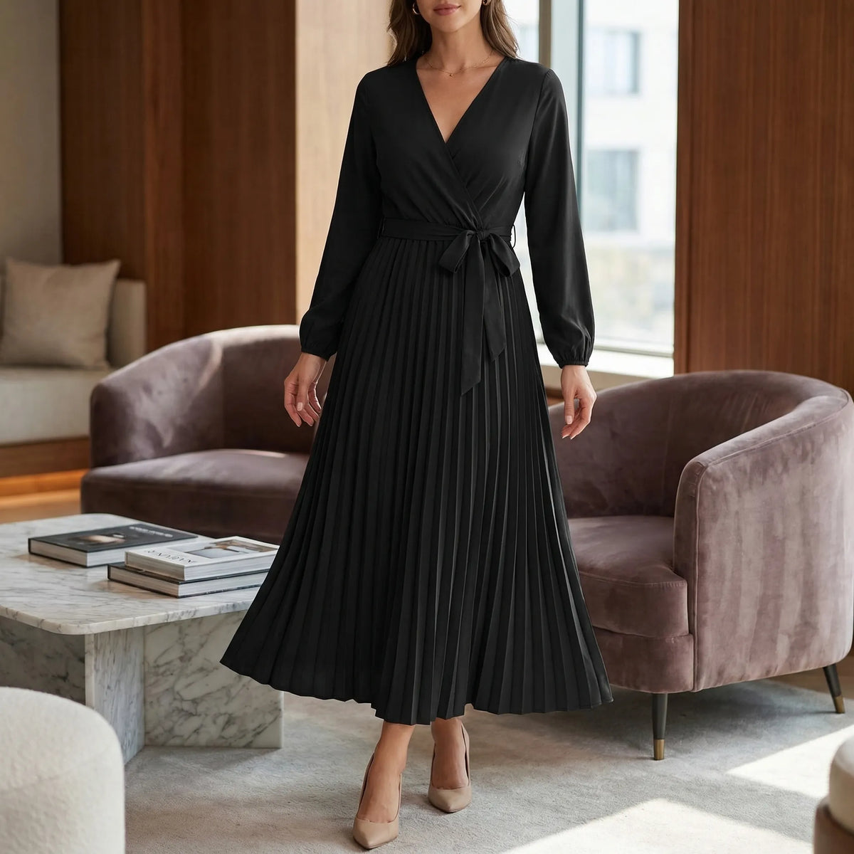 Pleated Maxi Dress with Lantern Sleeves