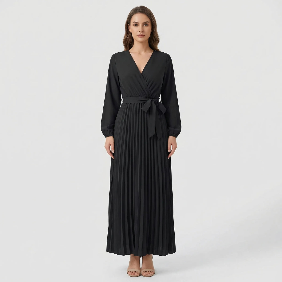 Pleated Maxi Dress with Lantern Sleeves