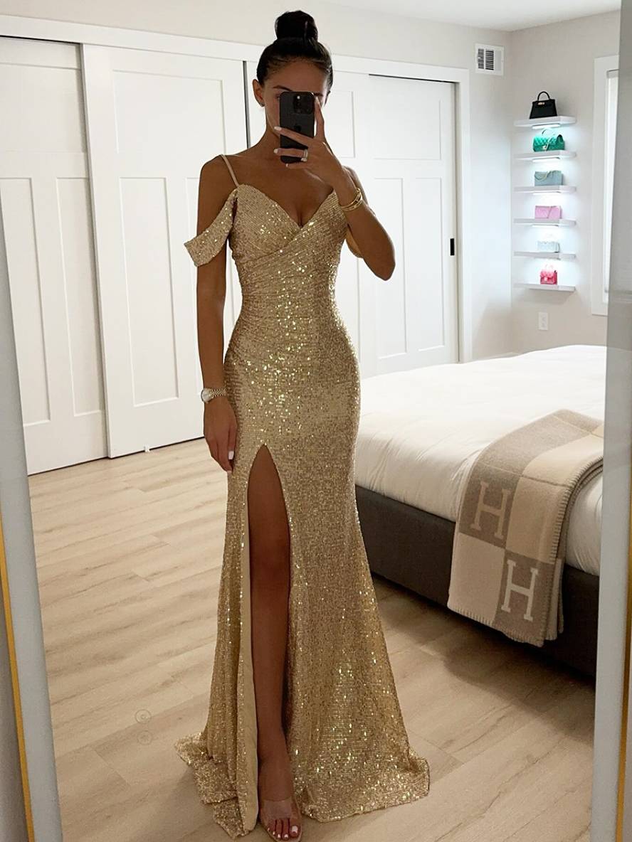 Sequined V-Neck Long Evening Dress with Slit