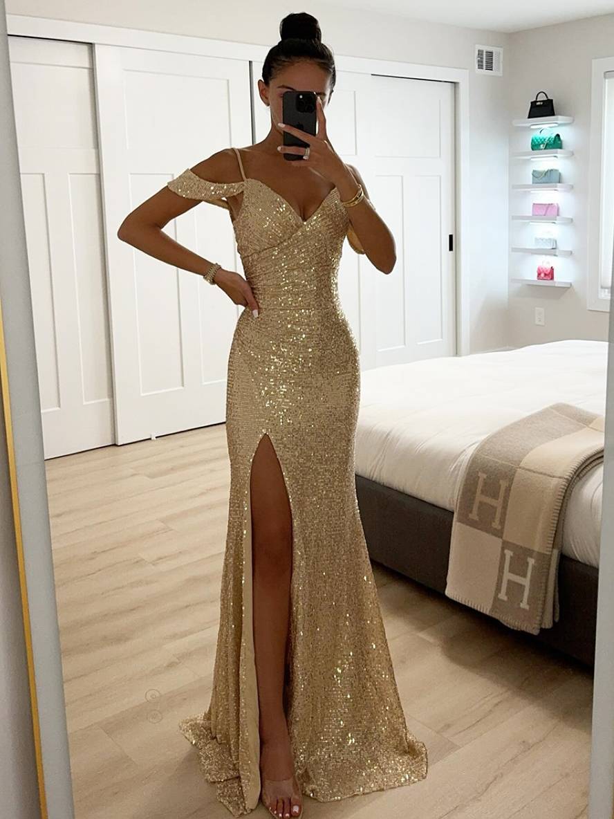 Sequined V-Neck Long Evening Dress with Slit