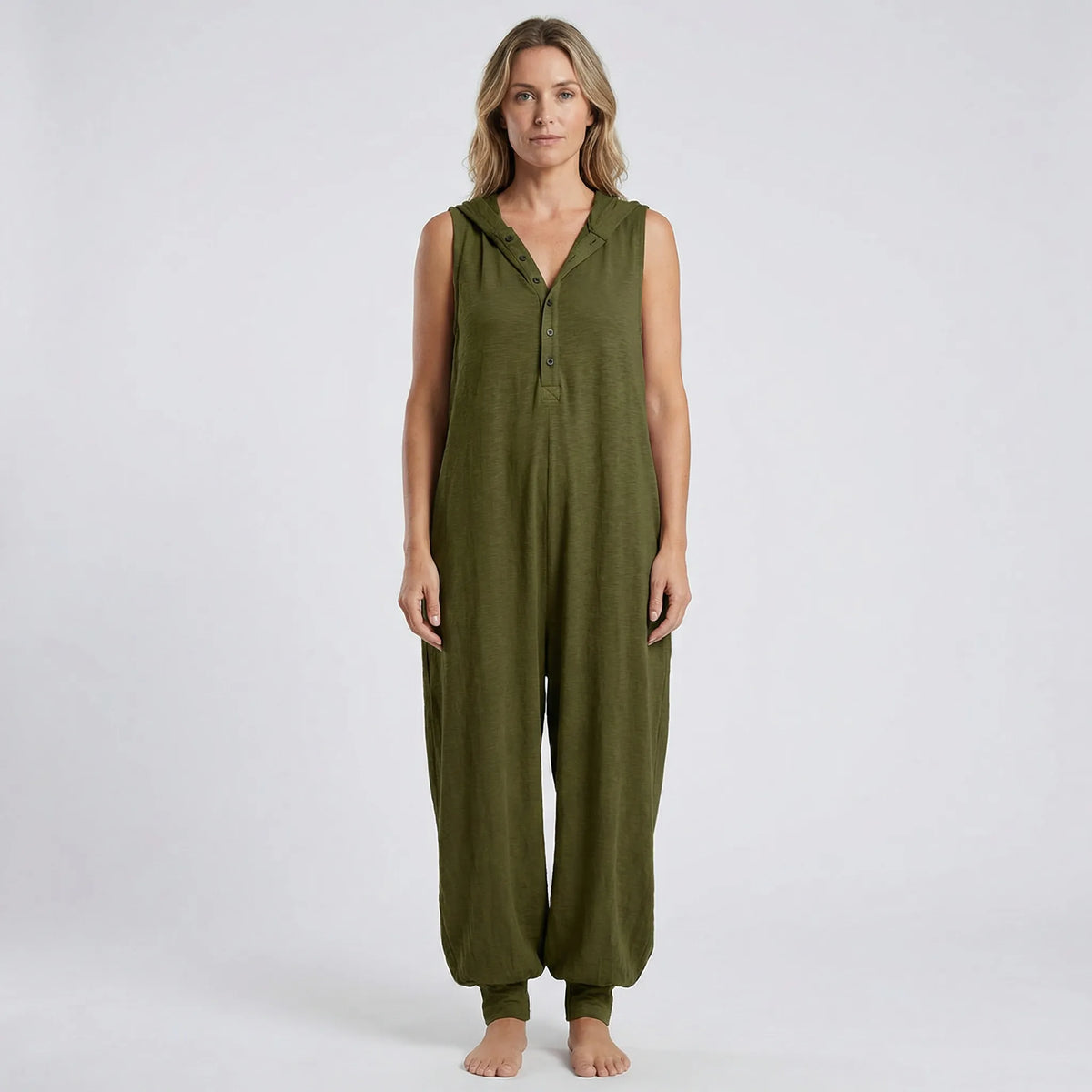 Sleeveless Hooded Button-Front Jumpsuit