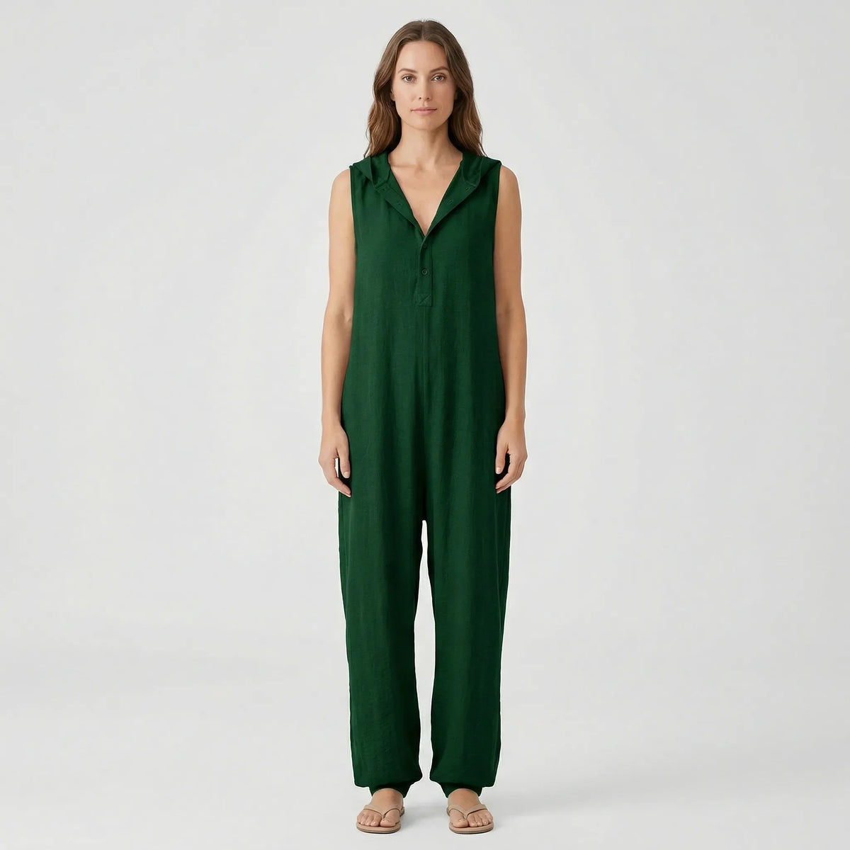 Sleeveless Hooded Button-Front Jumpsuit