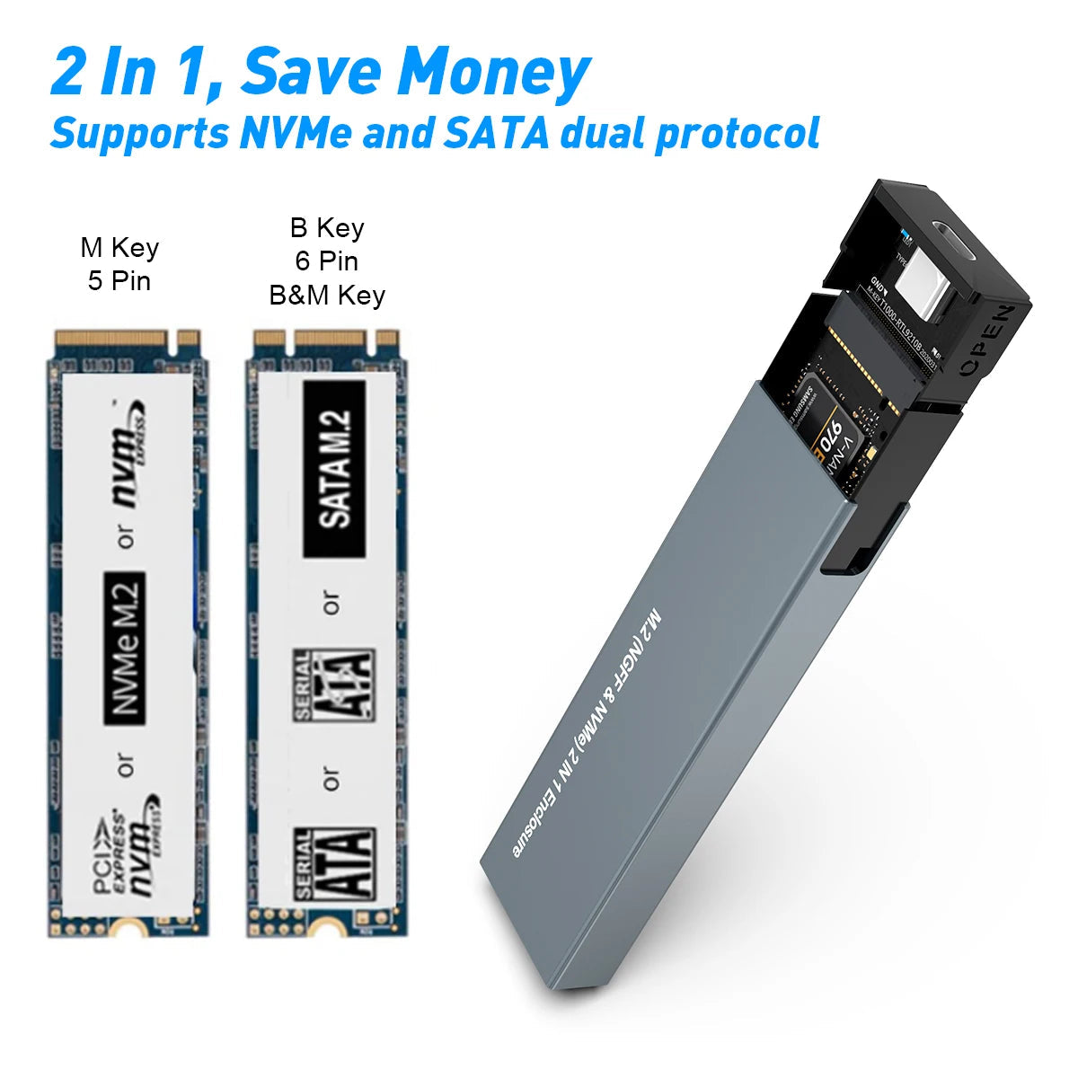 Slim NVMe and SATA SSD Enclosure — USB-C 10Gbps Speed
