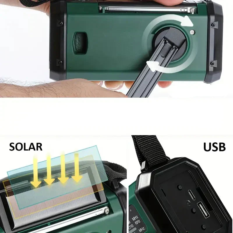 Solar Emergency Radio with Power Bank, Hand Crank and LED Flashlight for Camping and Outdoor Use