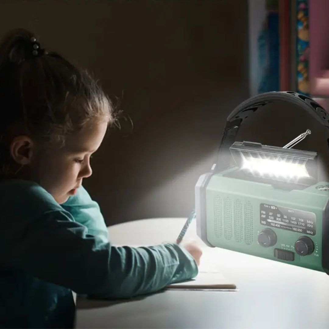 Solar Emergency Radio with Power Bank, Hand Crank and LED Flashlight for Camping and Outdoor Use