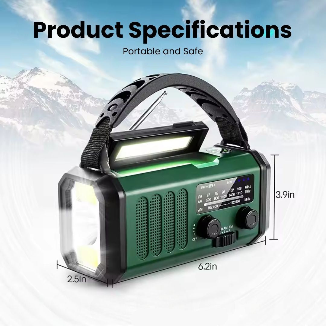 Solar Emergency Radio with Power Bank, Hand Crank and LED Flashlight for Camping and Outdoor Use