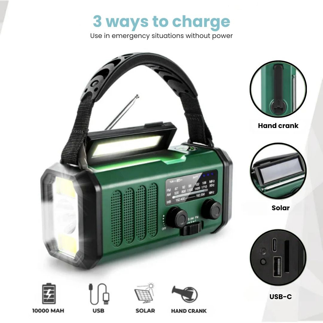 Solar Emergency Radio with Power Bank, Hand Crank and LED Flashlight for Camping and Outdoor Use
