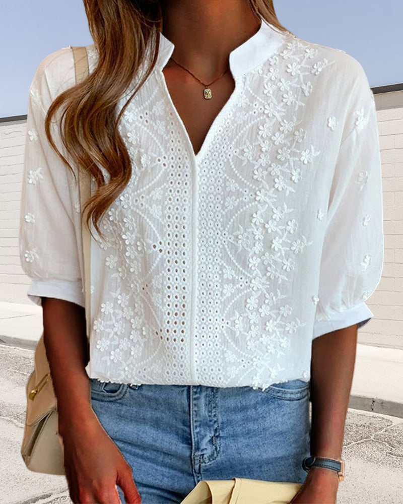 Solid Color V-Neck Short Sleeve Blouse