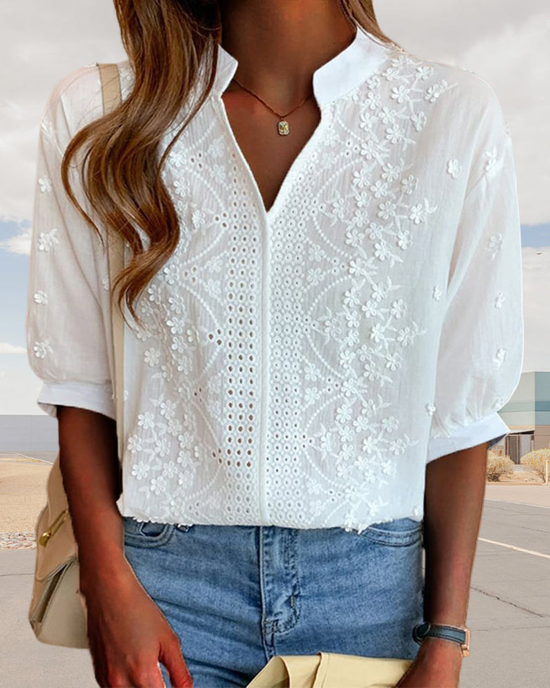 Solid Color V-Neck Short Sleeve Blouse