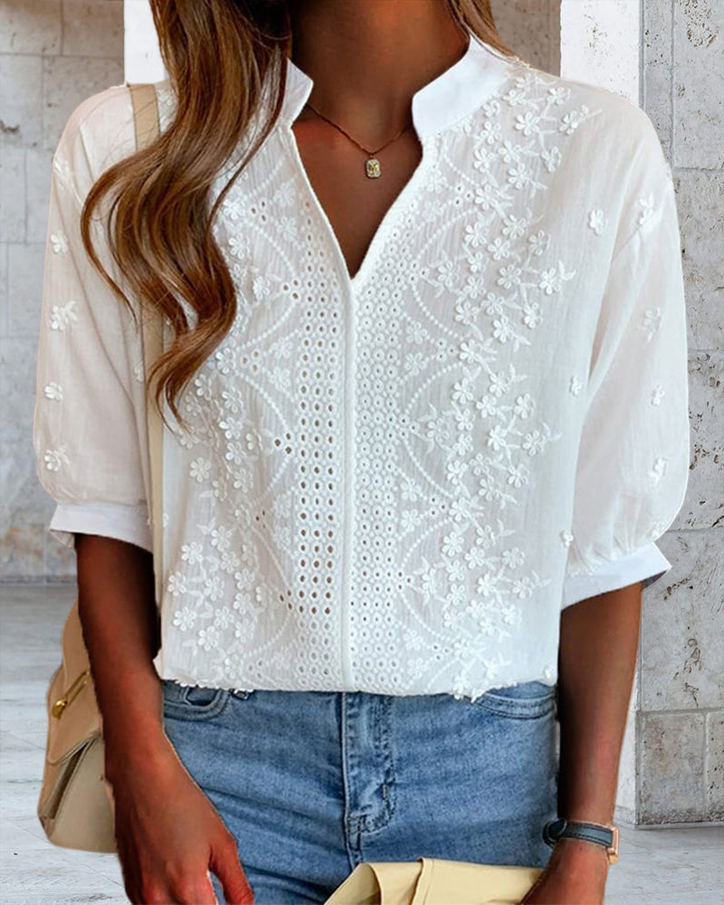 Solid Color V-Neck Short Sleeve Blouse