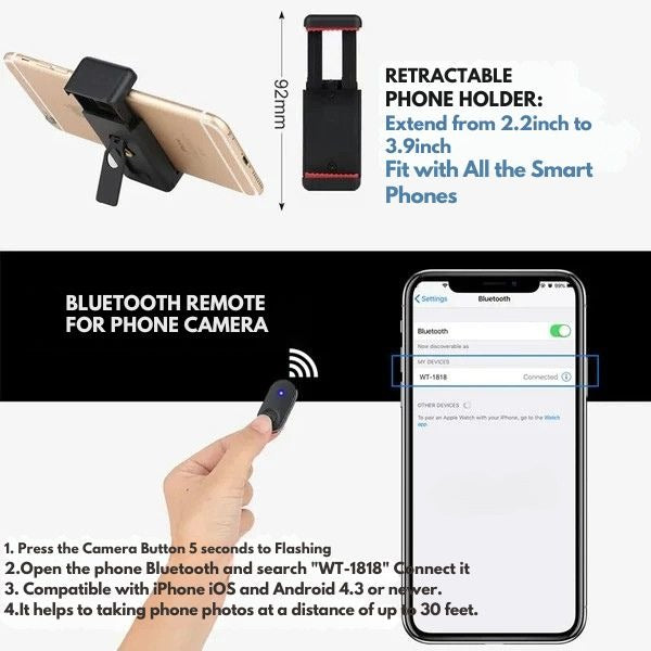 Telescopic Phone Tripod with Bluetooth Remote Control – Universal Selfie Stick and Stand
