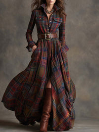 Women's Belted Plaid Maxi Dress