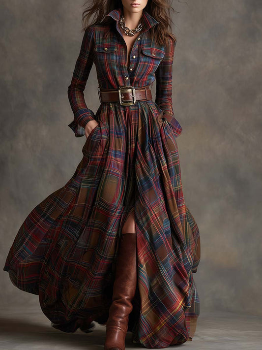 Women's Belted Plaid Maxi Dress