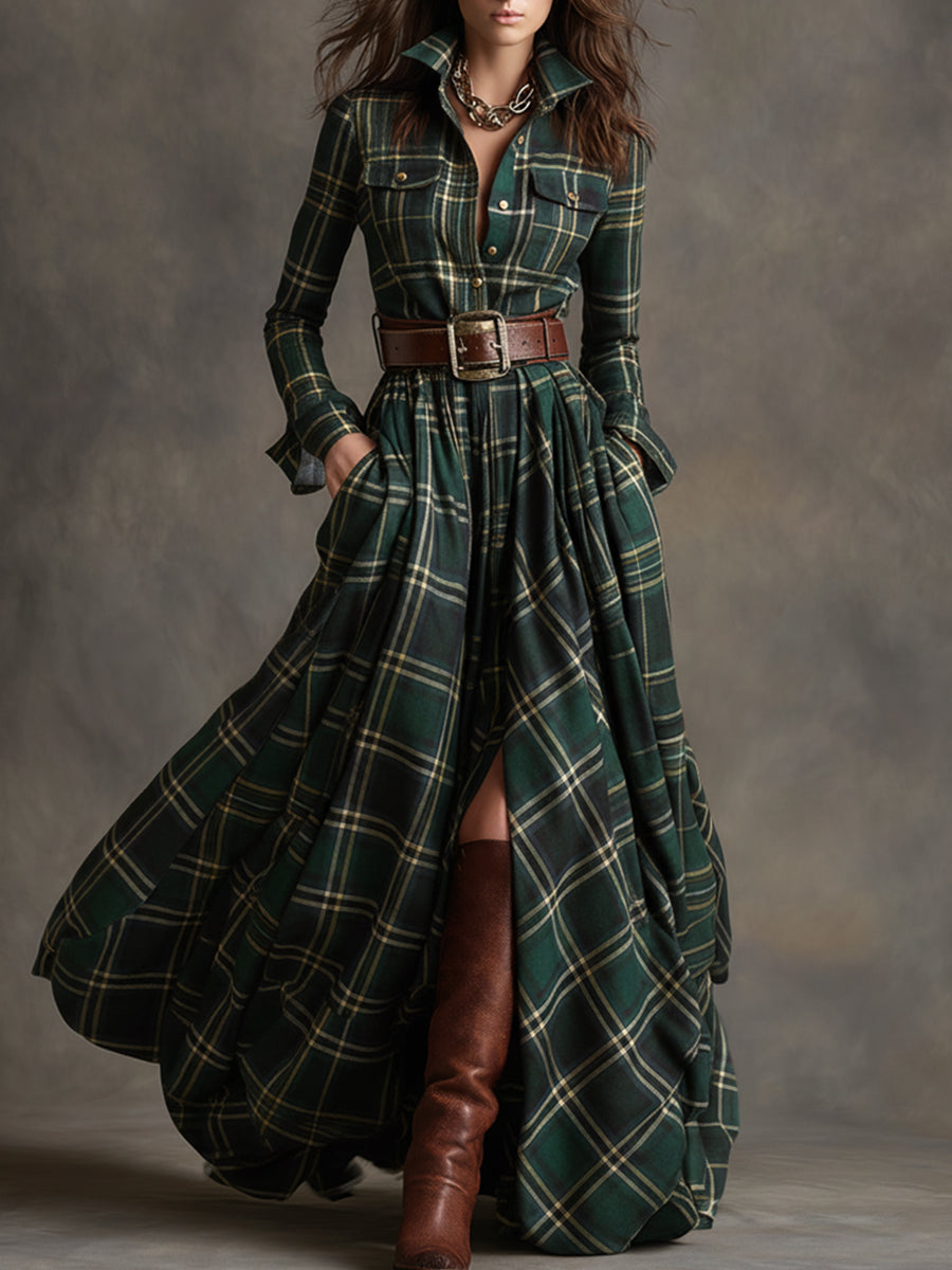 Women's Belted Plaid Maxi Dress