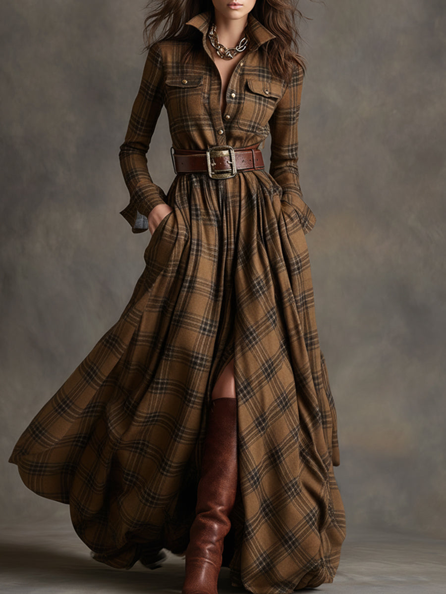 Women's Belted Plaid Maxi Dress