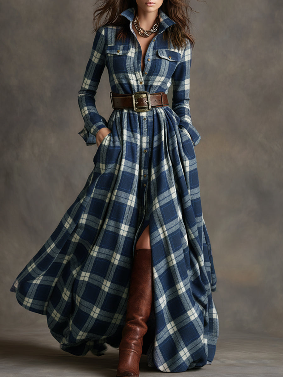 Women's Belted Plaid Maxi Dress
