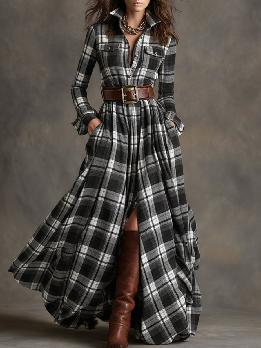 Women's Belted Plaid Maxi Dress