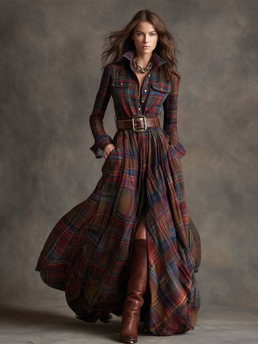 Women's Belted Plaid Maxi Dress