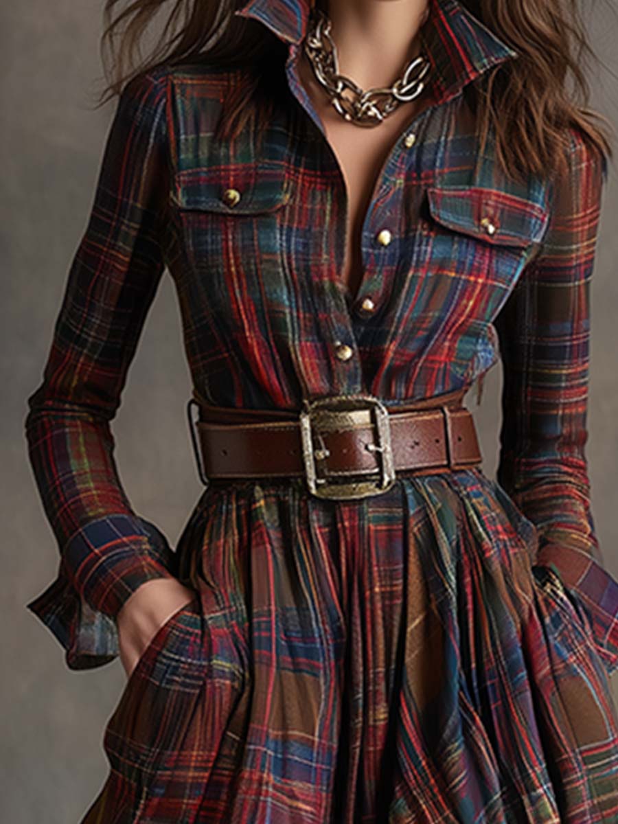 Women's Belted Plaid Maxi Dress