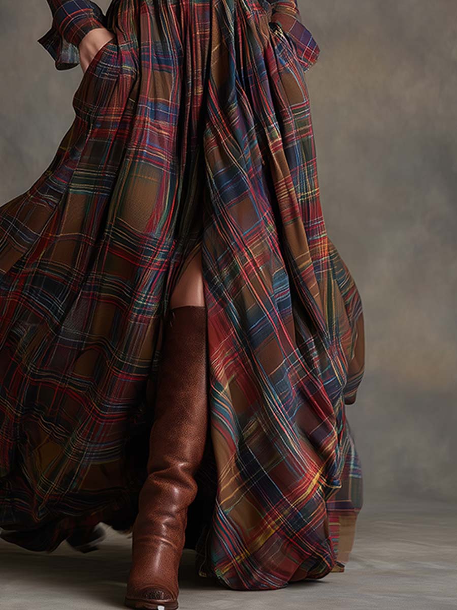 Women's Belted Plaid Maxi Dress