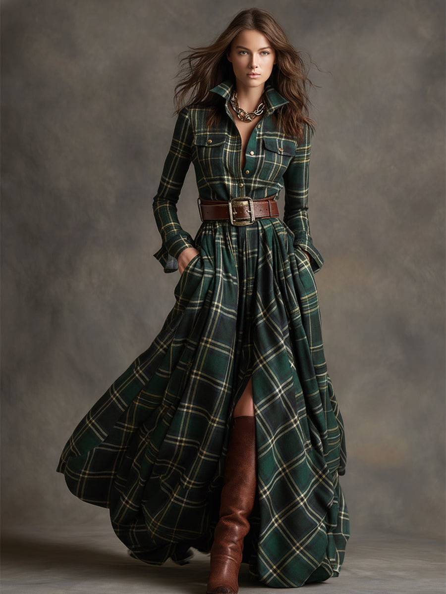 Women's Belted Plaid Maxi Dress