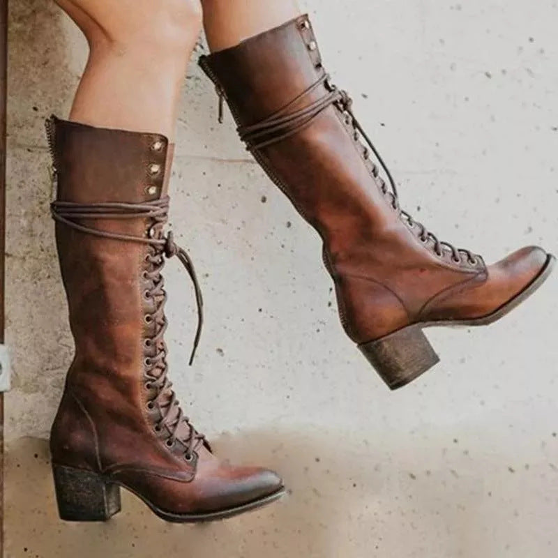 Women's Black Lace-Up Knee-High Boots