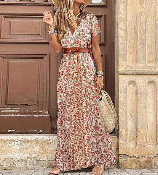 Women's Boho V-Neck Short Sleeve Maxi Dress