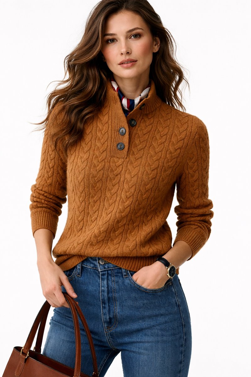 Women's Cable Button-Neck Pullover Sweater