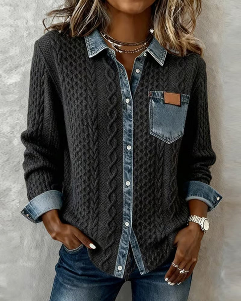 Women's Cable- Patchwork Button-Down Shirt