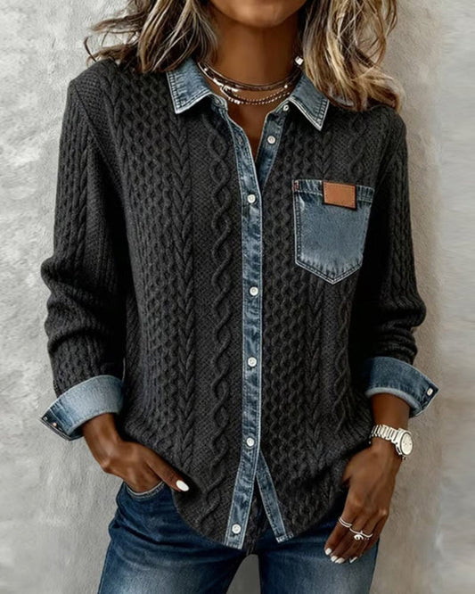 Women's Cable- Patchwork Button-Down Shirt
