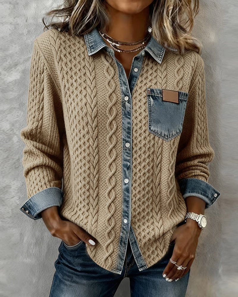 Women's Cable- Patchwork Button-Down Shirt