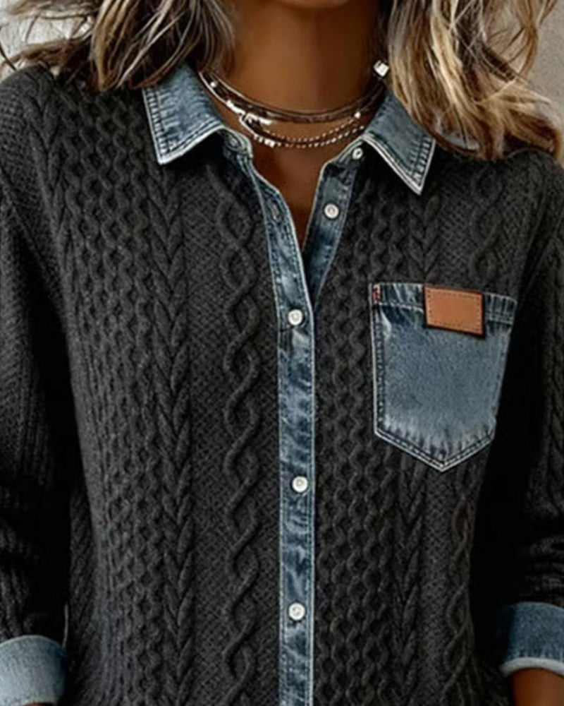 Women's Cable- Patchwork Button-Down Shirt
