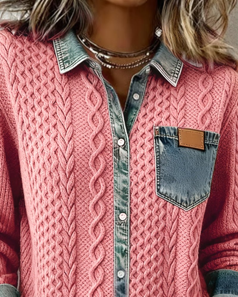Women's Cable- Patchwork Button-Down Shirt