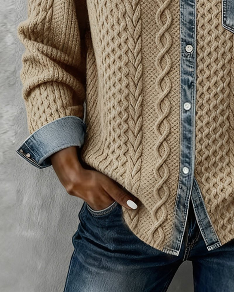Women's Cable- Patchwork Button-Down Shirt