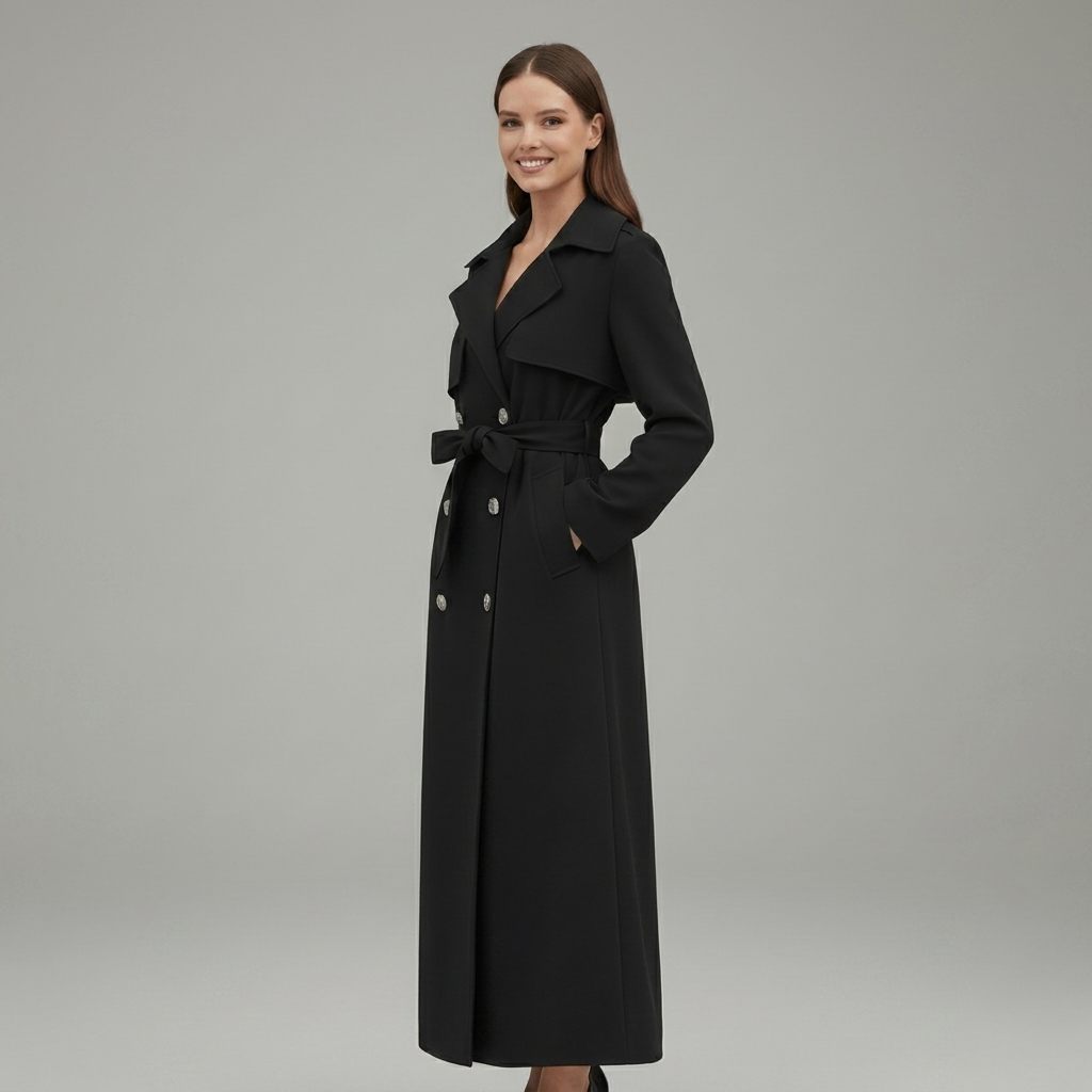 Women's Classic Long Belted Trench Coat with Button Front