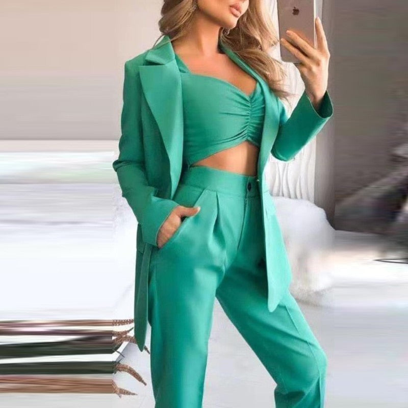 Women's Elegant 3-Piece Blazer Set with Pants & Top