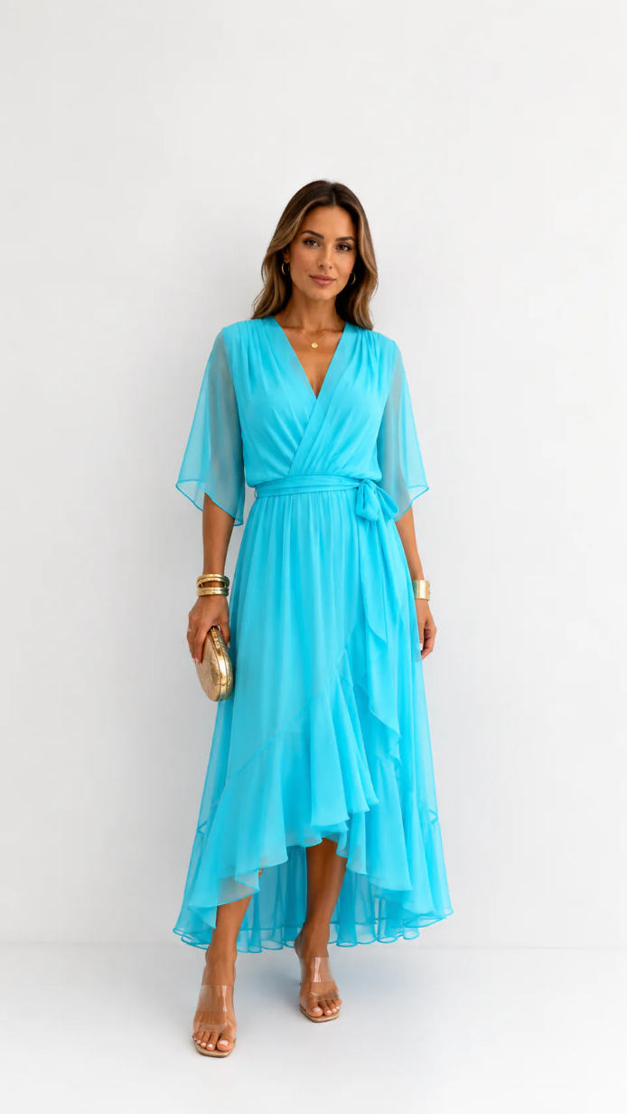Women's Elegant Maxi Dress with Puff Sleeves and Adjustable Waist Belt