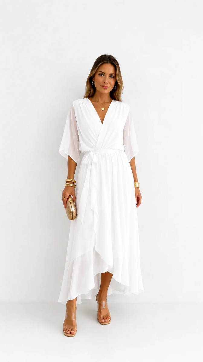 Women's Elegant Maxi Dress with Puff Sleeves and Adjustable Waist Belt