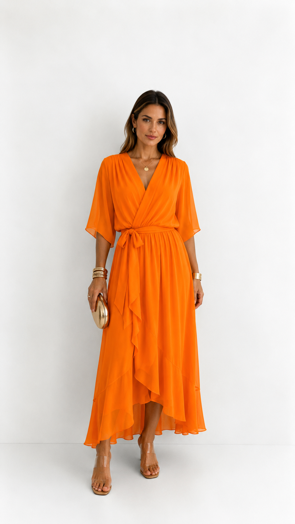 Women's Elegant Maxi Dress with Puff Sleeves and Adjustable Waist Belt