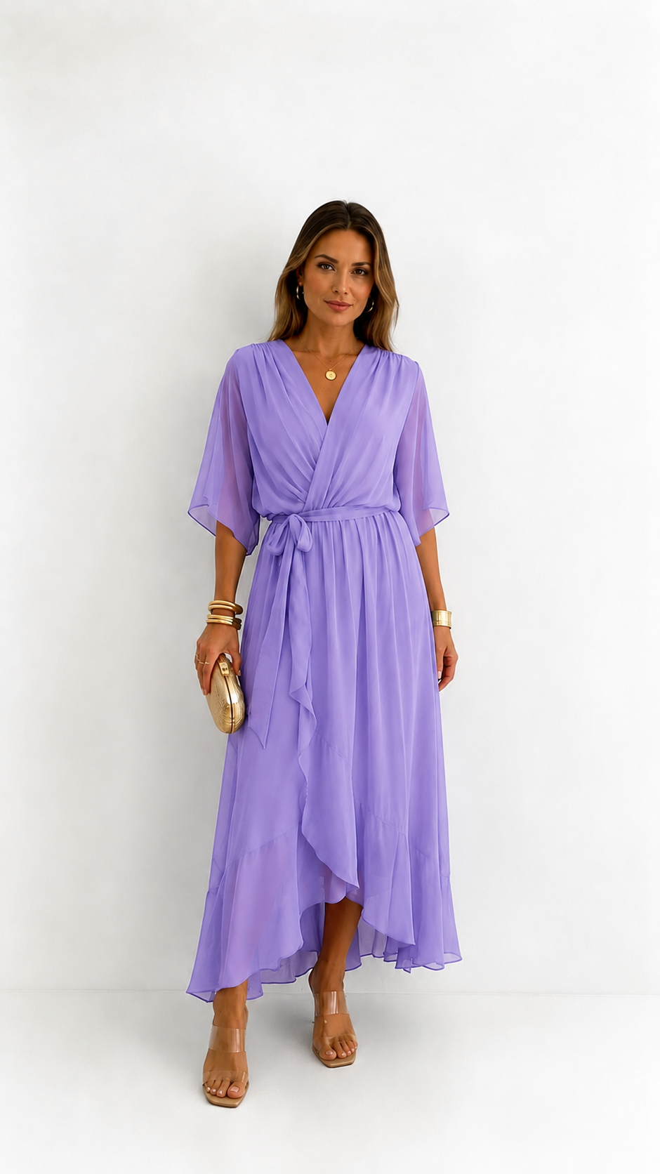 Women's Elegant Maxi Dress with Puff Sleeves and Adjustable Waist Belt
