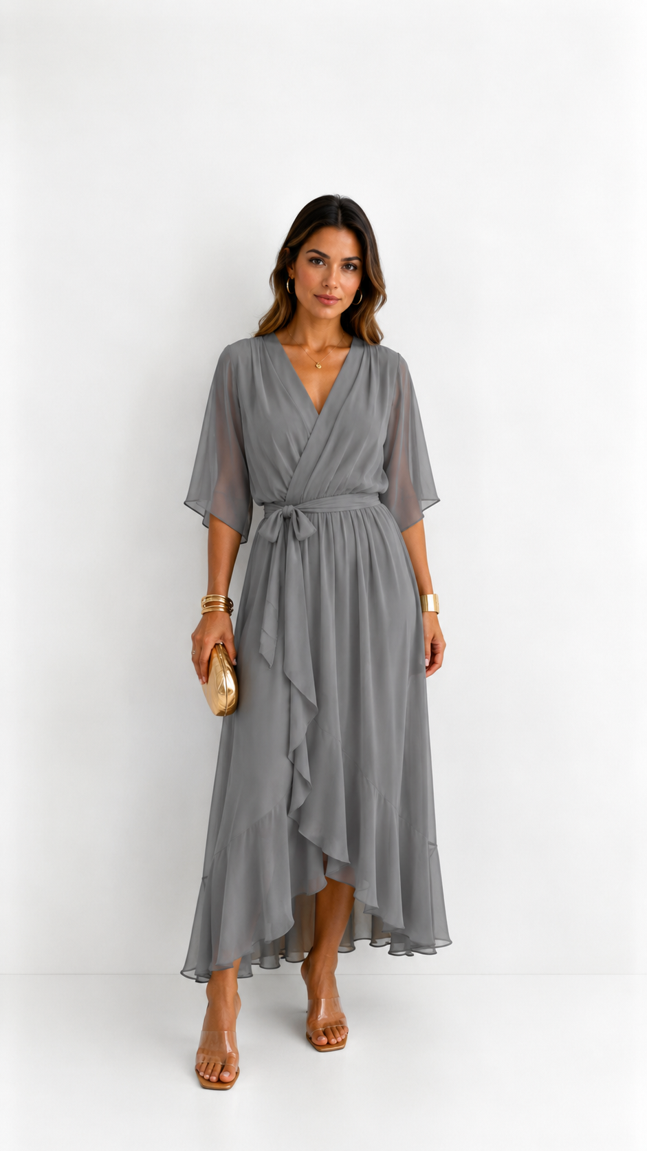 Women's Elegant Maxi Dress with Puff Sleeves and Adjustable Waist Belt